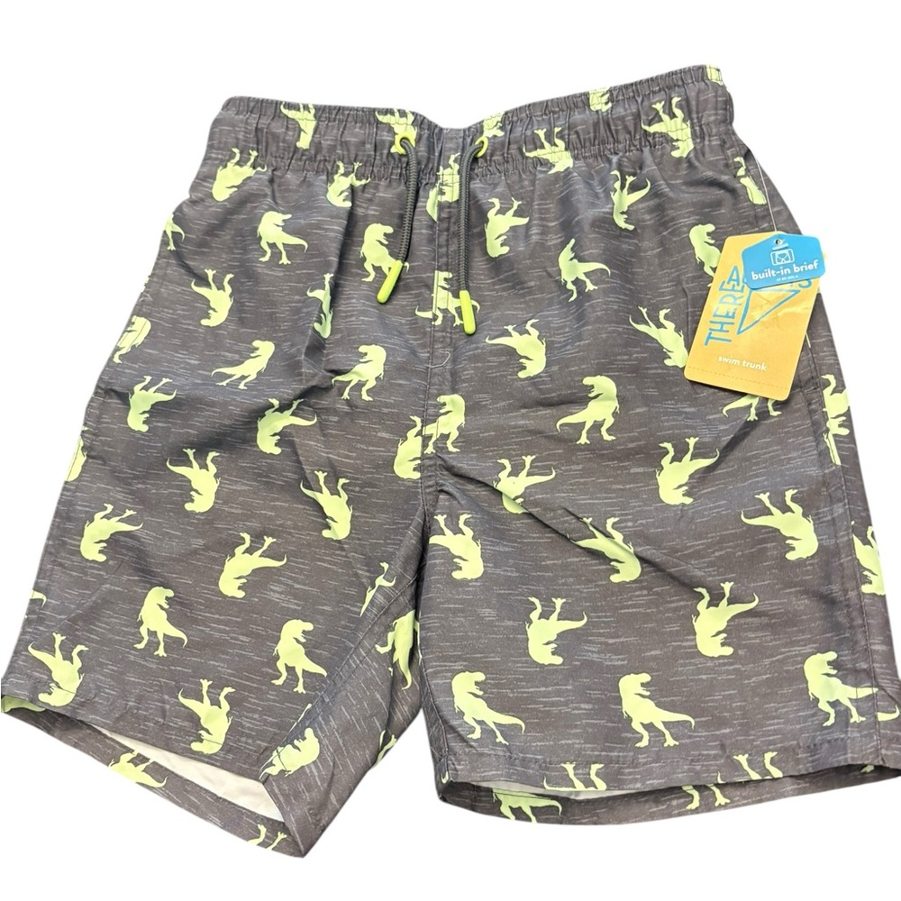 Thereabouts Boys Swim Trunks Small 8 Built‎ In Brief Charcoal Green Dinosaur NEW